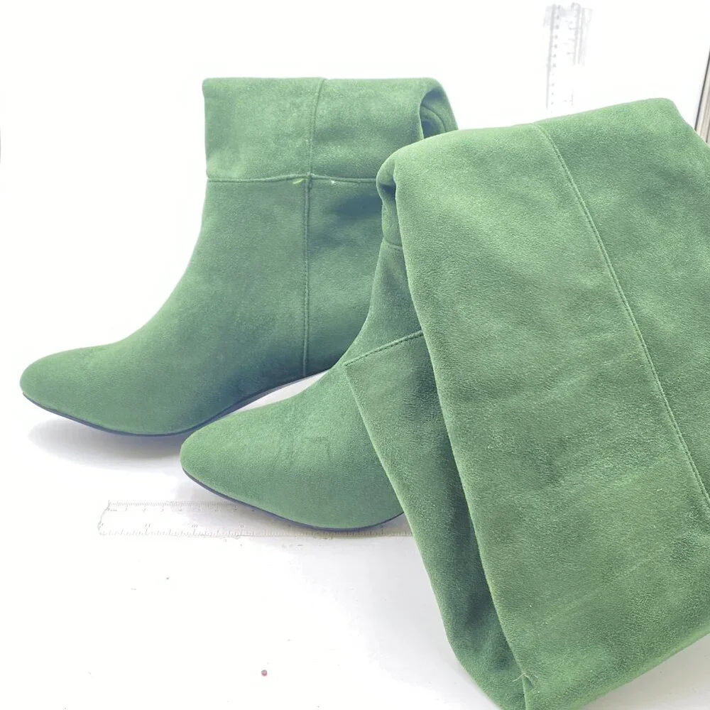 Olive Suede Women Comfortable Calf Knee Boots Stretch Pull On Closed Toe Booties